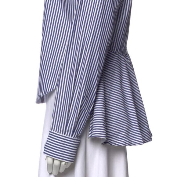 DESIGNER OVELIA TRANSTOTO BLUE/WHITE STRIPED COLLAR BUTTOM-UP LONG SLEEVE BLOUSE - Picture 6 of 9
